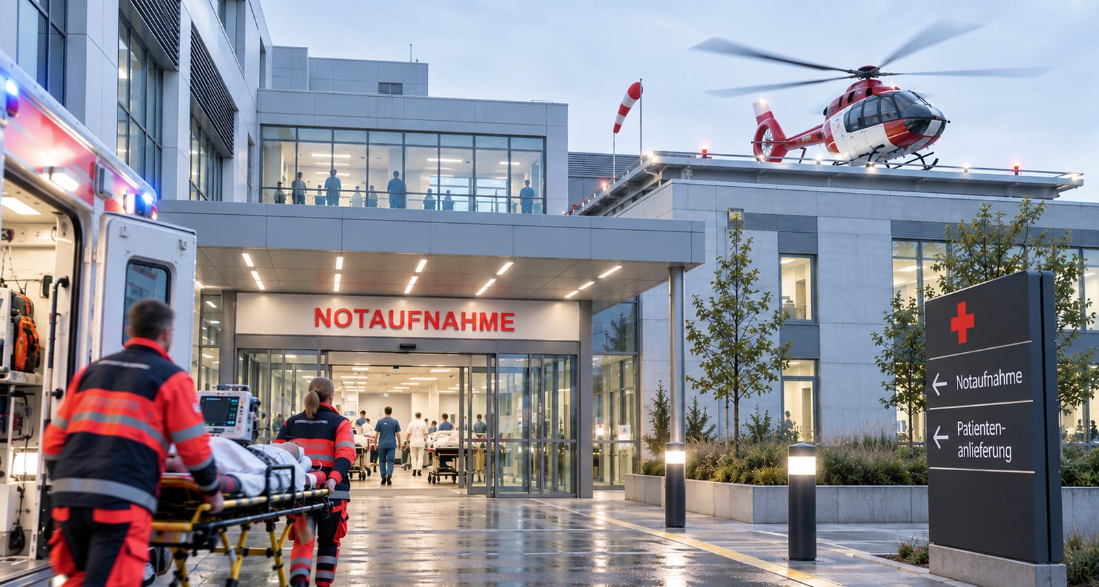 Zentrale Notaufnahme eines Krankenhauses mit Rettungsmitteln